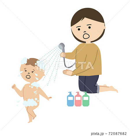 シャワーを嫌がる男の子と困る母親のイラスト 72087682