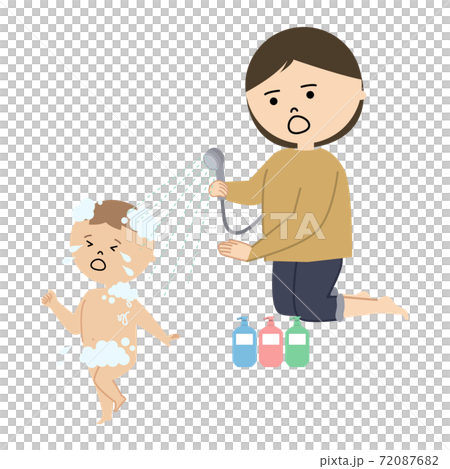 シャワーを嫌がる男の子と困る母親のイラストのイラスト素材 7876