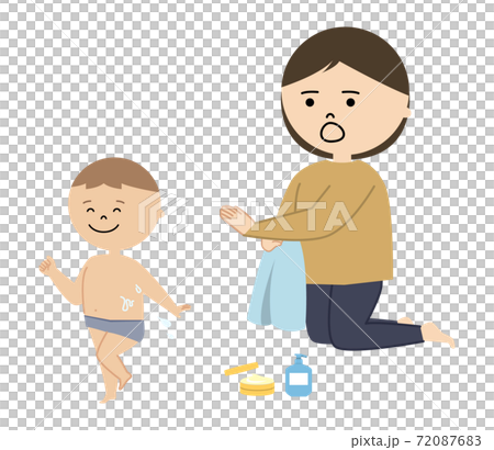 お風呂上りの男の子とタオルを持った女性のイラスト 72087683
