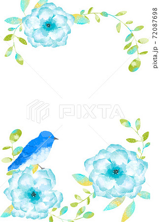 優しいタッチの幸せを運ぶ青い鳥とアネモネとユーカリのフレーム 72087698