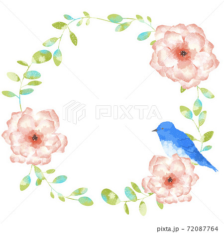 優しいタッチの幸せを運ぶ青い鳥とアネモネとユーカリのフレームのイラスト素材