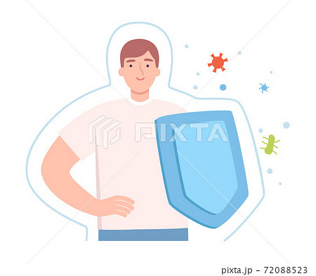 Healthy Man with Shield Surrounded by Invisible Barrier for Bacterial Attack Vector Illustration 72088523