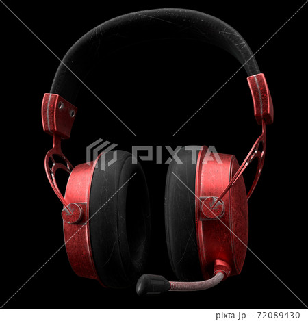 Used metal gaming headphones with microphone and scratches isolated on black 72089430