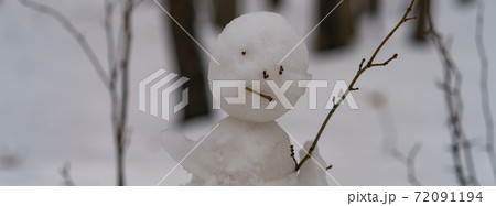 Snow man had been done by children in the yard. He is very sad. Theme of joyless emotions. Cold white snow around him. Loneliness concept. Snow man had been done by children in the yard. He is very sad. Theme of joyless emotions. Cold white snow around him. Loneliness concept. 72091194