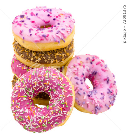 pink and brown doughnut, chocolate and berry doughnut, strawberry and raspberry doughnuts, walnut donut on a white background pink and brown doughnut, chocolate and berry doughnut, strawberry and raspberry doughnuts, walnut donut on a white background 72091375