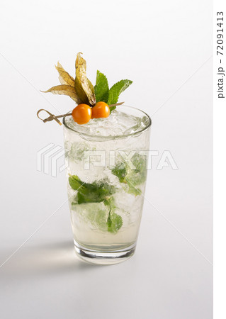 Summer refreshing cocktail with ice and alcohol. Sprite, liquor Triple Sec, rum, elderberry syrup, lemon juice. 72091413