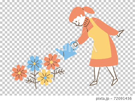 花に水をかける女性 72091436