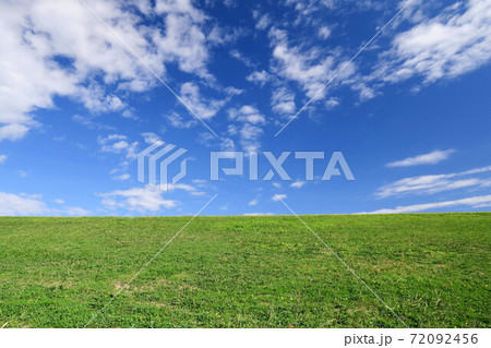 秋の除草された江戸川土手風景 72092456