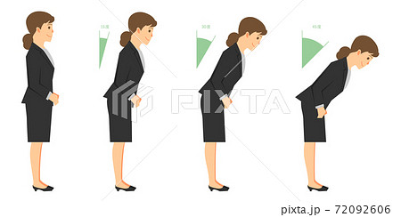 お辞儀する人 スーツ姿の女性 セット 角度表示付きのイラスト素材