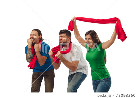 Female and male soccer fans cheering for favourite sport team with bright emotions isolated on white studio background 72093260