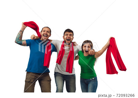 Female and male soccer fans cheering for favourite sport team with bright emotions isolated on white studio background 72093266