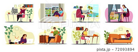 Remote workers working at home office scenes set 72093894