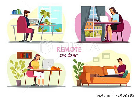 Remote workers working at home office scenes set 72093895
