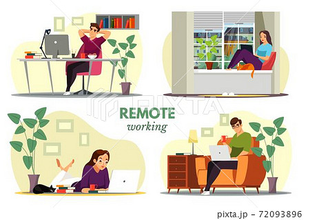 Remote workers working at home office scenes set 72093896