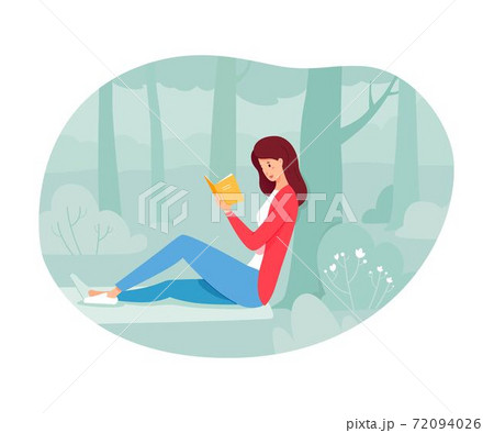 Young vector woman reading under tree in forest Young vector woman reading under tree in forest 72094026