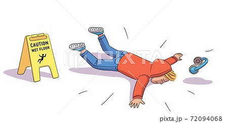 Teenage boy falling near Caution wet floor yellow sign Teenage boy falling near Caution wet floor yellow sign 72094068