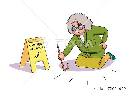 Scared elderly woman falling near Caution wet floor yellow sign 72094069