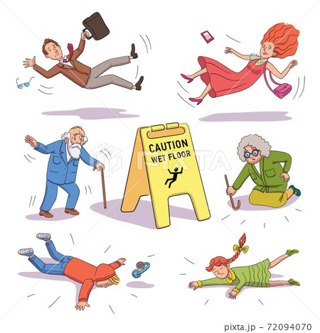 People falling near Caution wet floor yellow sign People falling near Caution wet floor yellow sign 72094070