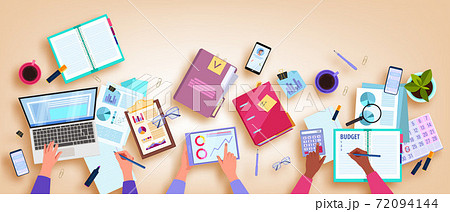 Financial audit and budget planning vector illustration with hands, table flat lay,laptop,smartphone Financial audit and budget planning vector illustration with hands, table flat lay,laptop,smartphone 72094144