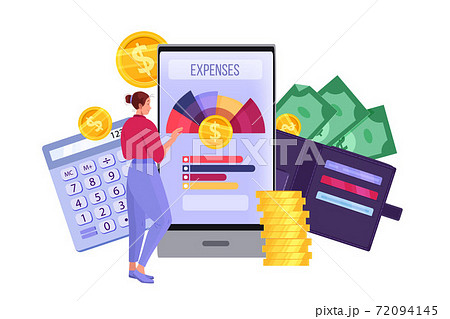 Personal budget planning and monthly expense accounting illustration with smartphone, woman, dollars Personal budget planning and monthly expense accounting illustration with smartphone, woman, dollars 72094145