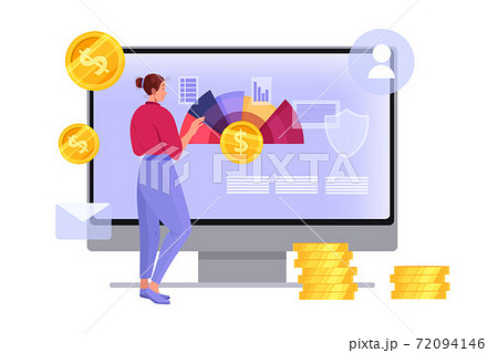 Personal budget planning and online monthly tax payment illustration with woman, computer screen Personal budget planning and online monthly tax payment illustration with woman, computer screen 72094146