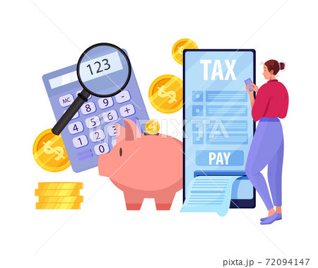 Online tax payment vector illustration with woman, smartphone screen, coins, dollars, piggy bank Online tax payment vector illustration with woman, smartphone screen, coins, dollars, piggy bank 72094147