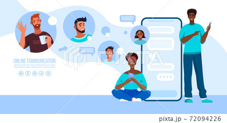 Group chat or virtual meeting banner with young diverse students, smartphone screen, users avatars 72094226