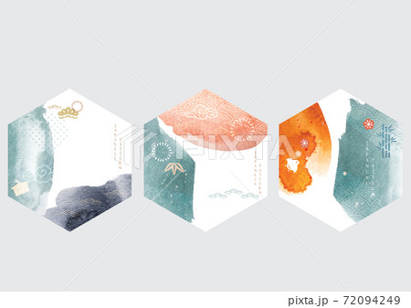 Abstract background with Japanese wave pattern and icon vector. Watercolor texture template in Asian style. Bonsai, bamboo, bird and cherry blossom flower symbol. 72094249