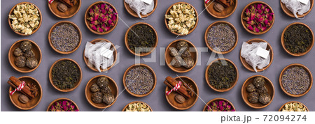 Set of different dry tea in wooden bowl 72094274