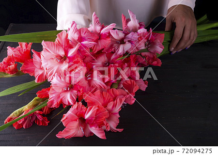 woman holding a beautiful bouquet of flowers from pink gladiolus woman holding a beautiful bouquet of flowers from pink gladiolus 72094275