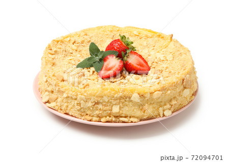 Plate with Napoleon cake with strawberry isolated on white background 72094701