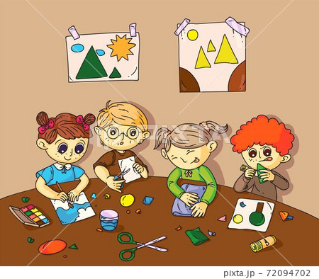 Girls and boys paint, cut paper crafts at workshop 72094702