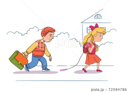 Sad little girl and boy with backpack go to school. Tired pupils 72094786