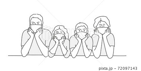 Bored family in protective mask on face is staying at home during quarantine. 72097143