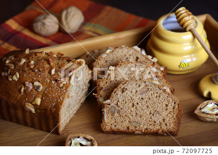 Homemade honey cake with nuts. 72097725
