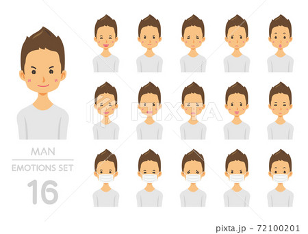 男性の表情イラスト16点セットのイラスト素材