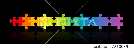 Jigsaw puzzle row, rainbow gradient colored puzzle pieces, twelve different colors in a line. Isolated vector illustration on black background. 72100390