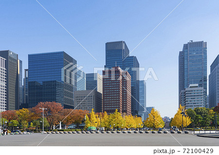 【東京都】都市風景 行幸通りの銀杏並木と丸の内ビル群 72100429