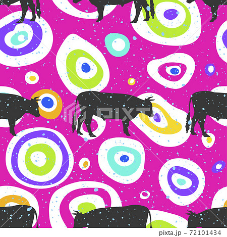 Pop art seamless pattern geometric modern with colorful acid and bull silhouette seamless pattern layout with circle spots. Illustration with set of colorful abstract circles. Vector Pop art seamless pattern geometric modern with colorful acid and bull silhouette seamless pattern layout with circle spots. Illustration with set of colorful abstract circles. Vector 72101434
