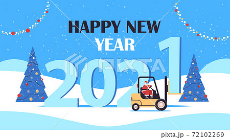santa claus in mask driving forklift merry christmas happy new year express delivery concept greeting card 72102269