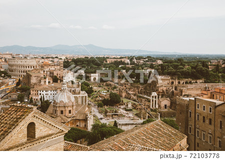 Panoramic view of city Rome with Roman forum and Colosseum from Vittoriano Panoramic view of city Rome with Roman forum and Colosseum from Vittoriano 72103778
