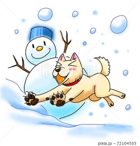 雪の中ではしゃぐ犬と笑う大きな 雪だるまのイラスト素材