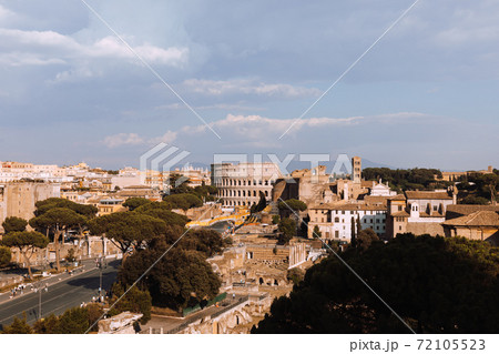 Panoramic view of city Rome with Roman forum and Colosseum from Vittoriano Panoramic view of city Rome with Roman forum and Colosseum from Vittoriano 72105523