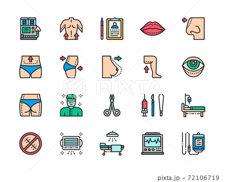 Set of Plastic Surgery Color Line Icons. Surgeon, Liposuction, Rhinoplasty. 72106719