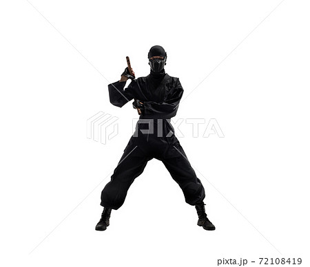 Japanese Ninja In Black Uniform On White の写真素材