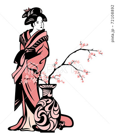 vector portrait of japanese geisha by the vase with blooming cherry tree branches vector portrait of japanese geisha by the vase with blooming cherry tree branches 72108892