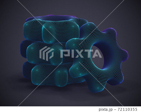 Stack of 3D digital futuristic gears on gray background. 72110355