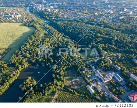Aerial bird's eye from drone National Dendrological Park Sofiyivka in Uman city, Ukraine 72112102