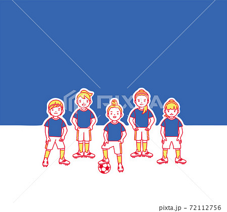青いユニホームの女子サッカーチーム 赤のアクセント 青背景 イラスト素材のイラスト素材