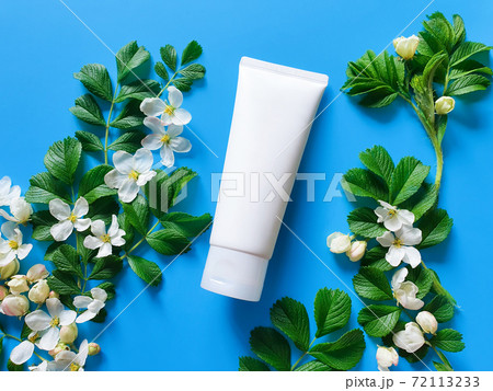 Unbranded white squeeze cosmetic tube, spring flowers and leaves on bright blue background. Natural organic spa cosmetics concept. Flatlay lifestyle, mockup, top view. Unbranded white squeeze cosmetic tube, spring flowers and leaves on bright blue background. Natural organic spa cosmetics concept. Flatlay lifestyle, mockup, top view. 72113233